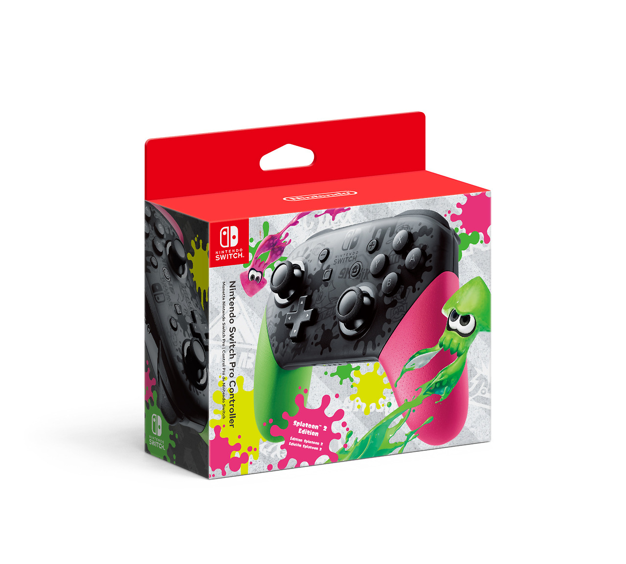 Check out the Splatoon 2 Edition Nintendo Switch Pro Controller, featuring a vivid neon pink and neon green color scheme, and a fun Splatoon 2 pattern! Available July 21.