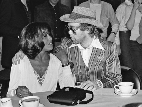 petersonreviews:Tina Turner and Elton John photographed by Bobby Bank at a press conference for Tomm