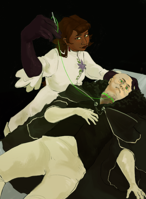 A digital painting of Catrain, a woman with brown skin, and long brown hair; and Ana, a bald woman with pale skin and green eyes. Ana is lying on an operating table, draped in a long black cloak over black button down and white pants and gloves. Only the skin above her neck is exposed, with a large bruise on her neck and collarbone that ends at a series of bright green stitches around her neck. She is staring towards the viewer with a neutral, indifferent expression, as Catrain stands over her, one hand on Ana's head and the other holding a sewing needle connected to the stitches in Ana's neck. Catrain is also staring at the viewer, confident, and she is wearing a white lab coat/dress with a purple flower on the front and black gloves.