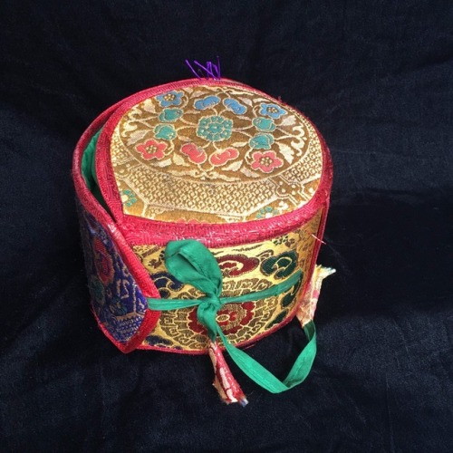 Rare crystal Damaru tantric ceremonial drum with gem inlay of lapis lazuli, coral, and turquoise. Fo