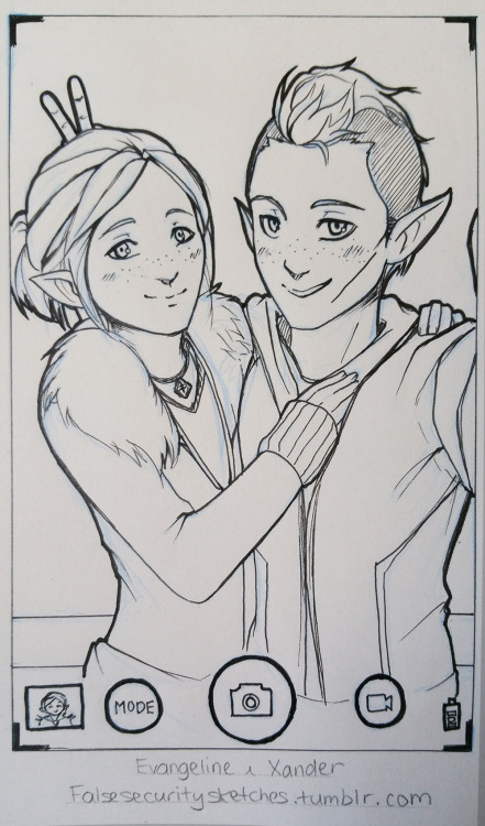 falsesecuritysketches:@qunaributts‘ Evangeline and my OC Xander……Taking an ELFIE. 