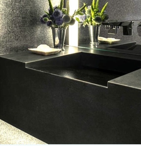 New York Bathroom Photo Of A Modern Powder Room With A Beige Floor, Gray Walls, And An Integrated Sink.