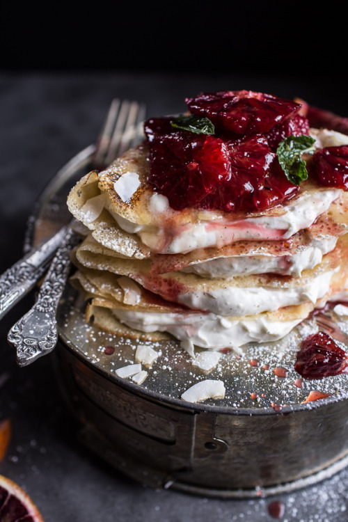 sweetoothgirl: Coconut Honey Crepes with Whipped Mascarpone + Blood Orange Compote.