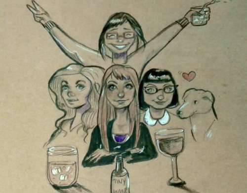 Vaginal Fantasy Romance Book Club Show Fan Art FTW!
Lovely fan art of Vaginal Fantasy Romance Book Club Show hosts Felicia Day, Veronica Belmont, Bonnie Burton (with her dog Sophie) and Kiala Kazebee by the talented Jazy Lou Art!