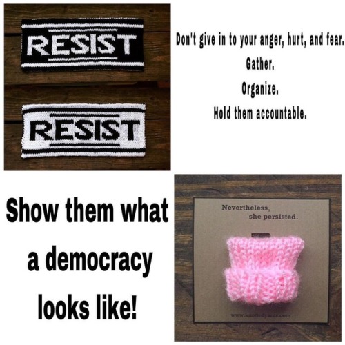 RESIST wall hanging available in the shop. Mini pink hat pins available in the shop and now @theeyri