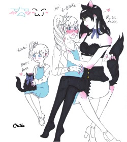 chill-chinchilla:  finally done after 100 headaches later , i couldnt come up with a pose D: i was thinking maybe a rwby au where weiss, as a child, had blake as a kitten/ cat, but were seperated, and years later they reunite and blake is a humanoid/