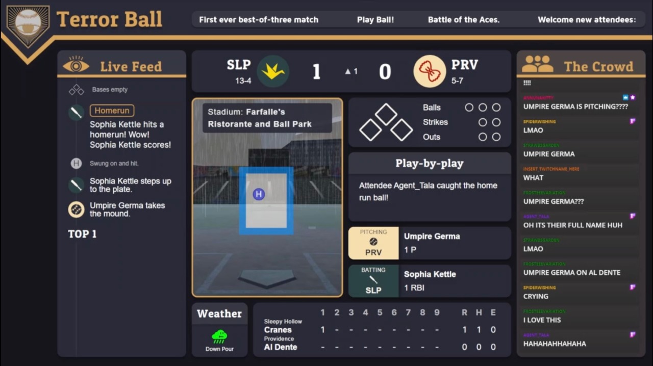 A screenshot taken shortly after the previous one. Umpire Germa has pitched a ball within the strike zone, the first pitch of the game, which Cranes batter Sophia Kettle hit for a home run and the first run scored of the game. Flavour text announces that "Attendee Agent_Tala (the OP of this post) has caught the hole run ball!"