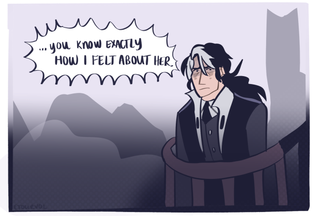 Continuation of above comic, now 7 years in the future. Single panel, with a muted blue color scheme. Older Simon Blackquill stands in the ruined courtroom from Turnabout for Tomorrow, staring fearfully from the witness stand. Aura says "...you know exactly how I felt about her," a direct quote from Dual Destinies.