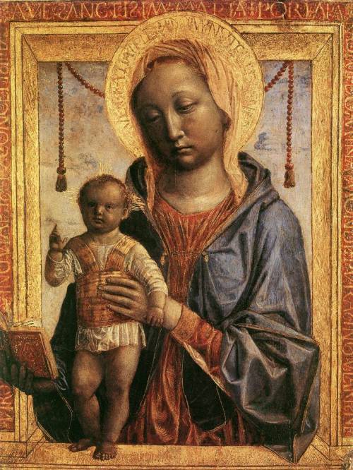 centuriespast:  FOPPA, VincenzoMadonna of the Book1460-68Wood panelCastello Sforzesco, Milan  Beautiful - but does anyone else look at this and think she’s about to pull a string and the child will say “I’m Chatty Jesus, Let’s