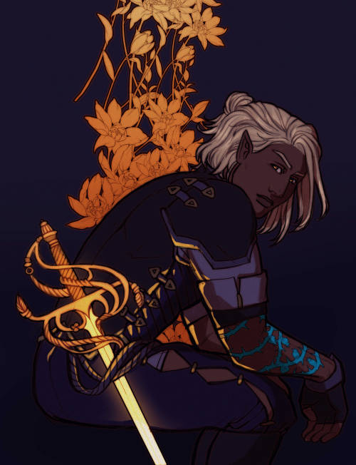 mathildedraws: the golden sword[ID : Drawing of a dark skinned elf, with pointed ears, brown eyes an