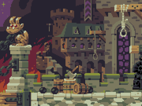 retronator:  This is beyond-beautiful background art from Curses ‘N Chaos by tributegames, pixeled to perfection by Stéphane Boutin a.k.a. jgsboutain.Check out the game’s release trailer and follow Tribute Games on Facebook and Twitter if you’re