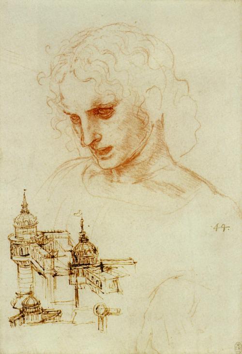 fuckyeahrenaissanceart:Sketch of youth; fortifications~Leonardo da Vinci c. 1493 Pen and i