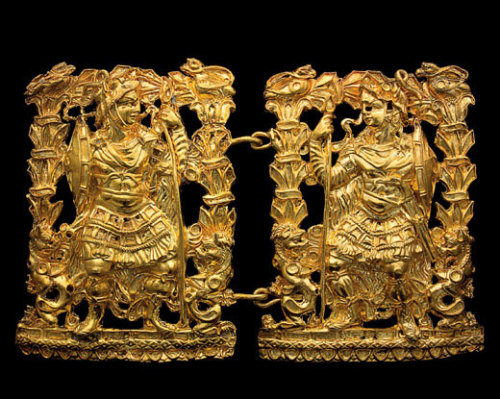 Pair of gold clasps depicting warriors, 1st century BC.  Part of the “Bactrian Hoard”, t