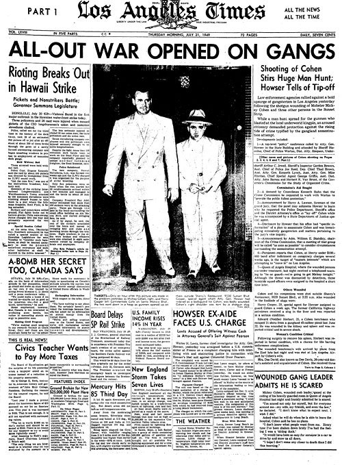latimes:  July 20, 1949: Mickey Cohen, right, and Harry Cooper, a body guard provided