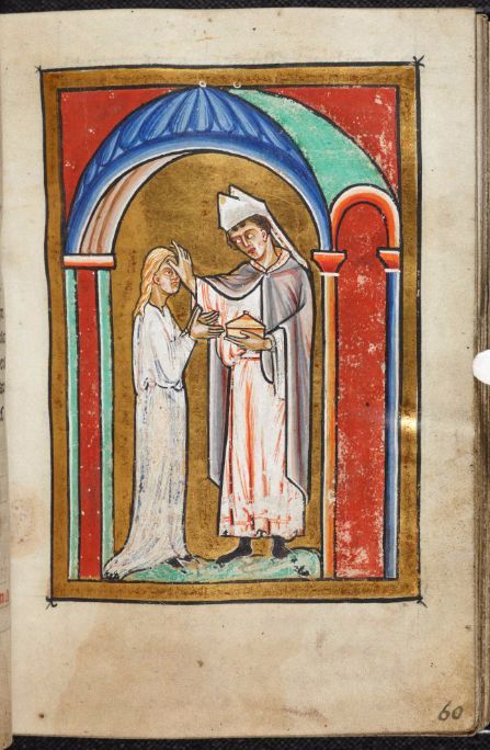 Bede’s Prose Life of St Cuthbert. Folio 60r. Dated around 1170. Saint Cuthbert heals a sick girl by 