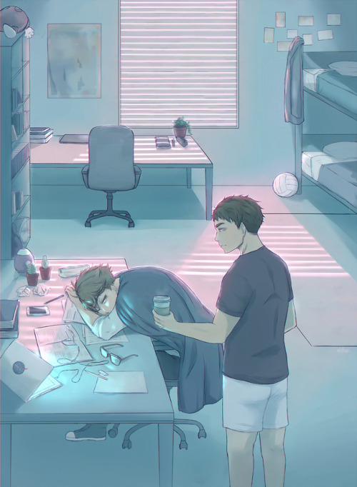 My piece for the @collegeauzine zine, which you can download here!College AU in which Oikawa and Ush