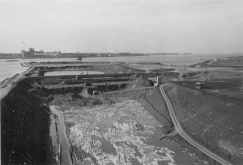 1957 photo of construction work in Ontario on the St. Lawrence Seaway, an ambitious plan to bypass t