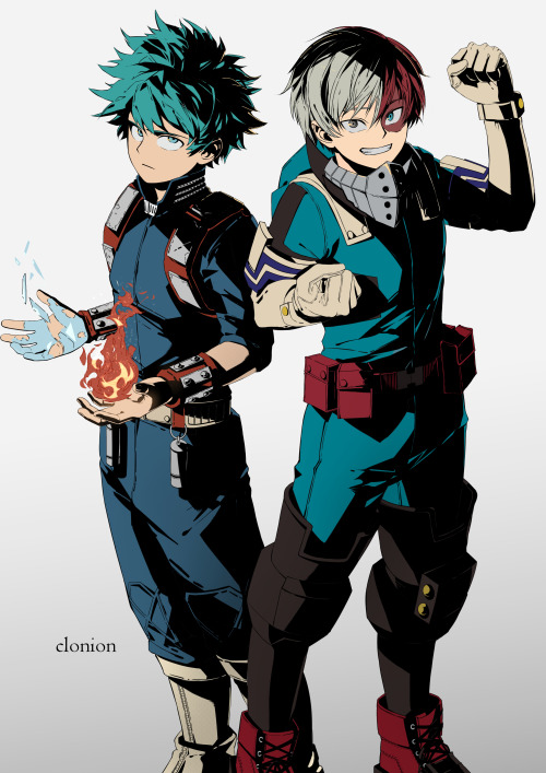 Midoriya Izuku and Todoroki Shouto, but with their costumes, personalities, and quirks swapped. This