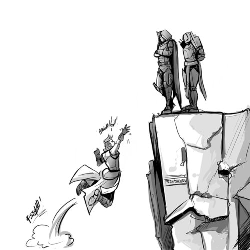 newbabyfly: My actual life as a warlock. Except my fireteam is nice enough to not toss me back off as soon as I actually make those stupid jumps. (Killy actually used to be a pretty goofy dude until he adopted these twerps.) 