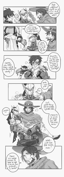 yildraws:  McCree’s VA also voices Chrom in FE: Awakening, so……. thanks tempu for the idea ( ◔‿ゝ◔`)(also headcanons that this happened a lot back in blackwatch too; when genji still had trouble accepting his new body and mccree and lena