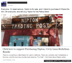 kill-easy-pete:  bakafallout:  Apparently, Nipton is for sale and this guy wants to buy it with crowdfunding. He only needs ŭ,000,000. Can you help?   please dont let our precious little burning town dissapear 