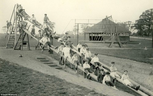 Britain’s first slide, invented by Charles Wicksteed. Wicksteed Park, Kettering, Northamptonshire. 1922.