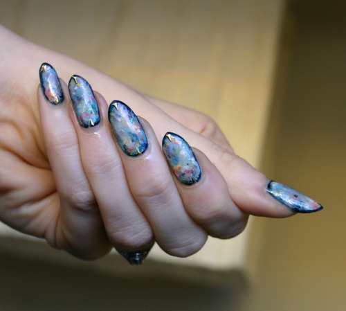 nailpornography:ladycrappo:Opals.  I did these using a tutorial by Kelly of basecoat-topcoat, who is