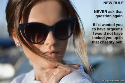 flr-captions: New Rule: Never ask that question again. Caption Credit: Uxorious Husband Image Credit: https://www.pexels.com/photo/woman-in-black-framed-sunglasses-216983/ 