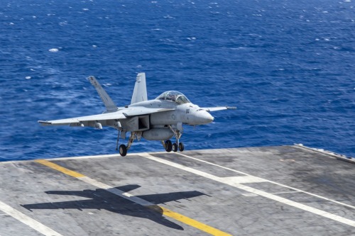 retrowar:An F/A-18F Super Hornet, assigned to the “Fighting Checkmates” of Strike Fighter Squadron (