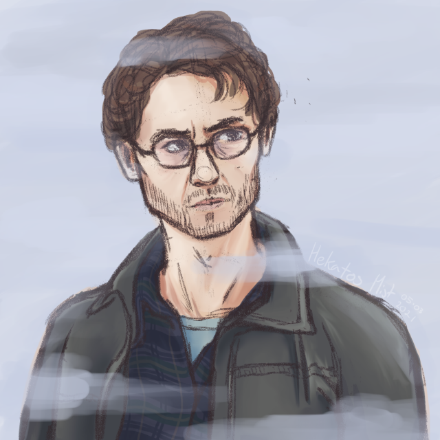 A digital drawing of Will Graham from the shoulders up in a misty envoirment. He is a white man with curly brown hair and glasses. He has a green jacket on over a blue shirt and looks unhappy