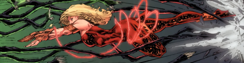 panel from teen titans vol 4 #7 showing Cassie Sandsmark (Wonder Girl) in a red leotard, she's stretched out in a flying pose with her arms out and her back bent a bit, her back leg is bent at the knee and her foot basically shoved into her butt while the other leg is stretched out