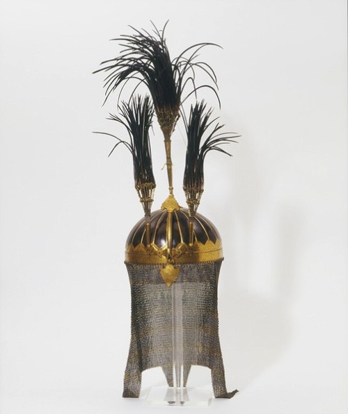 Helmet. 1850, Lahore, Pakistan. Steel, brass and gold helmet with heron feather plumes