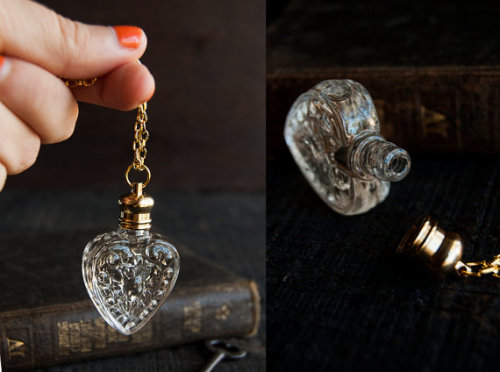 snootyfoxfashion:Victorian Potion Amulet by TheParlorApothecaryA heart shaped perfume bott