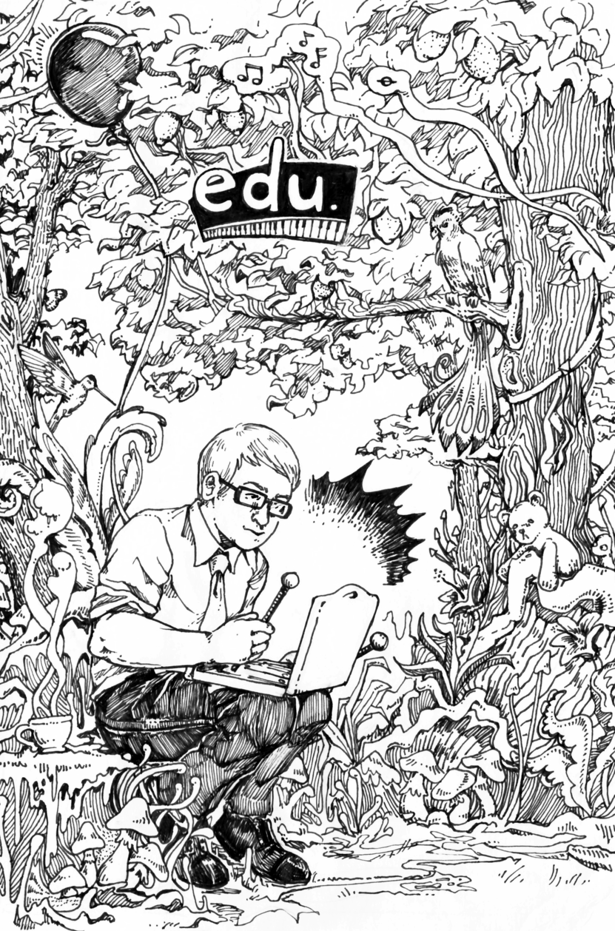 Black and white line drawing of a man in glasses sitting in a dense woodland setting. In his lap is a xylophone.