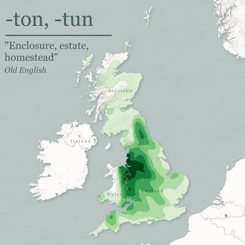 mapsontheweb:Toponymical maps of GB, looking at the density of common forms in place names.