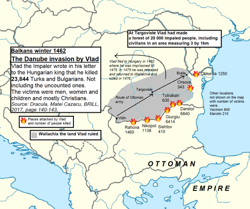 Map showing the locations and number of victims where Vlad Dracula a.k.a. Vlad the Impaler killed in total 23,844 Turks and Bulgarians
by Yellowapple1000