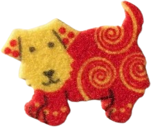 fuzzy sticker of a dog with vibrant red and yellow fur.