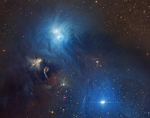 just–space:  Stars and Dust in Corona Australis : Cosmic dust clouds and young, energetic stars inhabit this telescopic vista, less than 500 light-years away toward the northern boundary of Corona Australis, the Southern Crown. The dust clouds