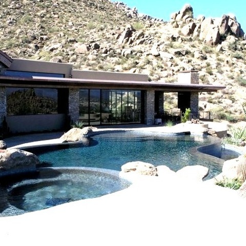 Pool - Contemporary PoolMid-sized Contemporary Backyard Stone And Naturally-shaped Pool Fountain Design
