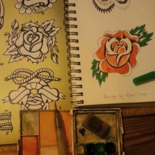 Study of a design by Alan Oliver. I added color. #artistsontumblr #roses #rose #tattooflash #pentelbrushpen #watercolor #copic #mattbernson