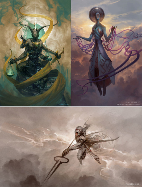 knightofleo:  Peter Mohrbacher | Angelarium  uriel, angel of flame & yesod  gevurah & suphlatus, angel of dustzadkiel, angel of mercy   &   zachriel, angel of memory  kushiel, the rigid one  hasmed, angel of annihilation & binahhod &