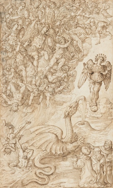 themacabrenbold: Domenico Campagnola (Padua 1500-1564) Saint Michael and his angels fighting the ang
