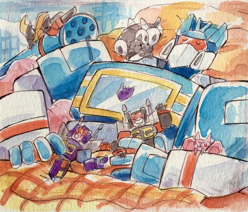 soothedcerberus:Naptime for single dads tonight… ID: Two watercolor drawings in color of Soun