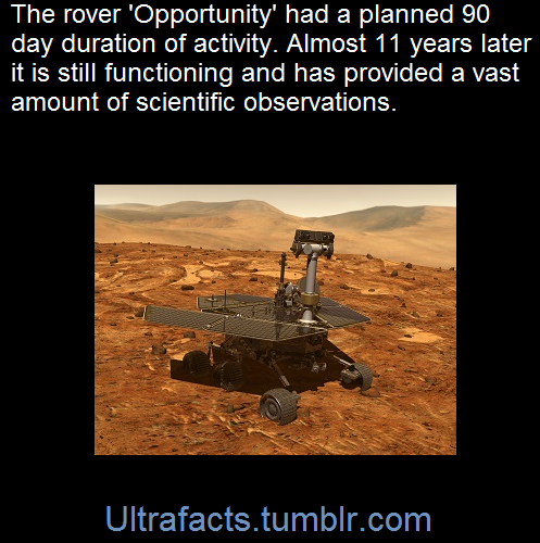 pizzaismylifepizzaisking:ultrafacts:Opportunity left Earth July 7, 2003, aboard a Delta II rocket en route to a landing site at the Martian equator called Meridiani Planum. The rover made its final approach to Mars on Jan. 25, 2004. It plowed through