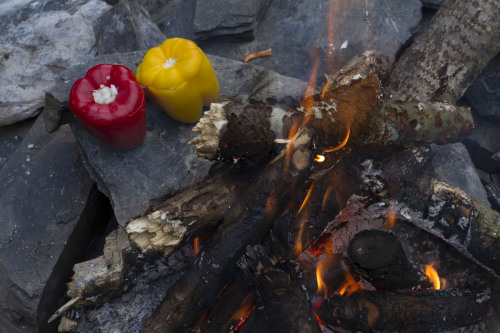 How to cook peppers stuffed with dungeness crab, onions, and cheese while camping. 