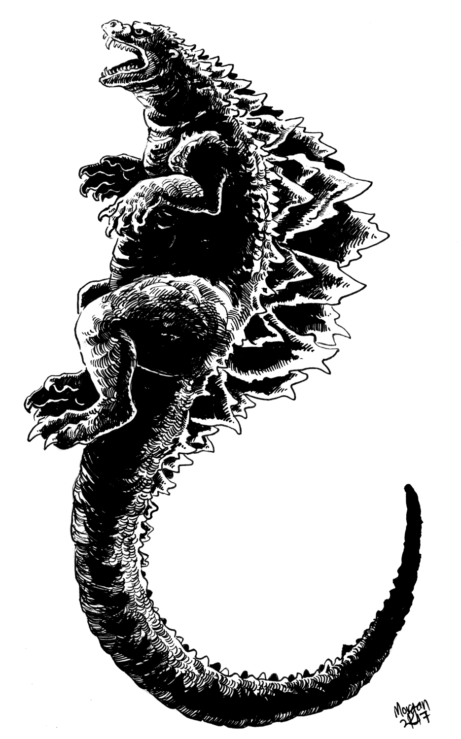 Godzilla tattoo I'm currently getting done! Based on the mire/giragoji  design. Will have color soon. : r/GODZILLA
