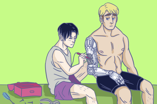 emb-art:   Eruri Week Day 7: Future  futuristic!au where when Erwin loses his arm he gets a cool robotic replacement and Levi is the hot-headed little mechanic who ends up always doing repairs after Erwin pushes it too far ¯\_(ツ)_/¯  Basically a eruri