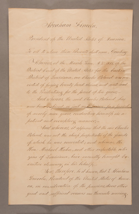 This Presidential Pardon signed by Abraham Lincoln was treated to stabilize it before digitization. 