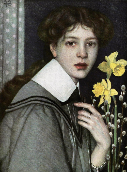 Oskar Zwintscher, Portrait with yellow daffodils,1907 
