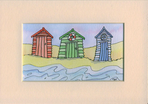Pen and Watercolour Original Painting of Three Cute Beach Huts in a Row by the Sea